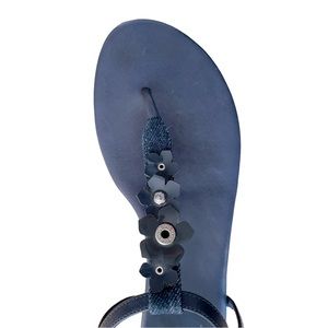 Cole Haan Navy Blue Leather Denim Flower T-Strap Sandal